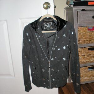 Vintage Guess Dk Gray with silver metallic stars/Guess Logo hooded sweatshirt L